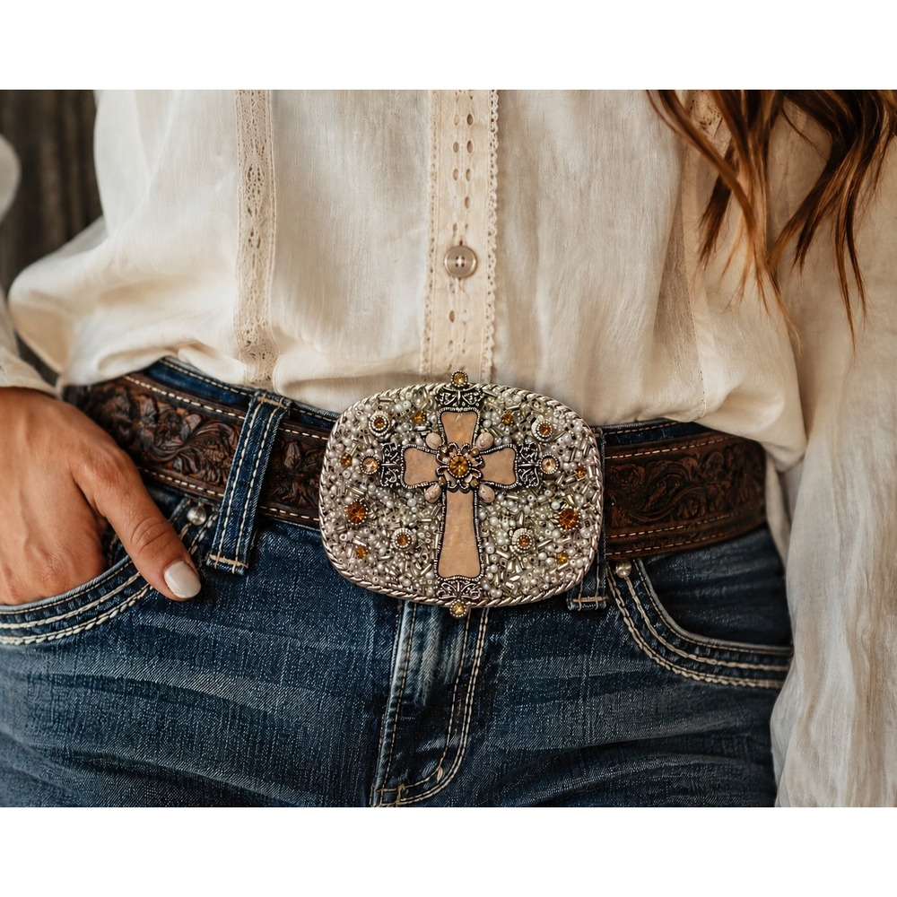 T's Buckin' Buckles Western Cross Belt Buckle Handcrafted USA Beaded Rhinestone